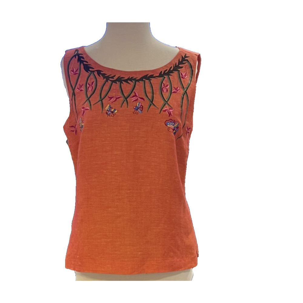 VTG Sarah Elizabeth Floral Orange Embroidered Linen Blend Sleeveless Top Size 6